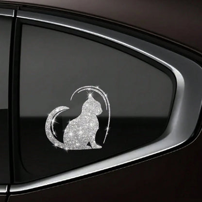 Imitation Diamond Glitter Reflective Cat And Heart Car Sticker- Durable PVC, Night Safety Car Exterior Decoration