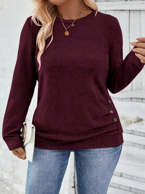 INAWLY Casual Chic Plus Size Round Neck Button Hem T-Shirt Fall Cloth For Women