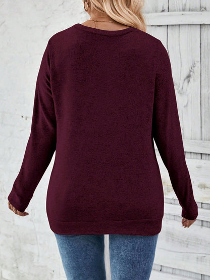 INAWLY Casual Chic Plus Size Round Neck Button Hem T-Shirt Fall Cloth For Women
