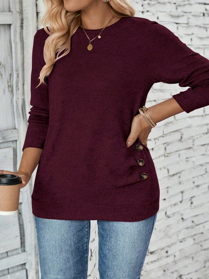 INAWLY Casual Chic Plus Size Round Neck Button Hem T-Shirt Fall Cloth For Women