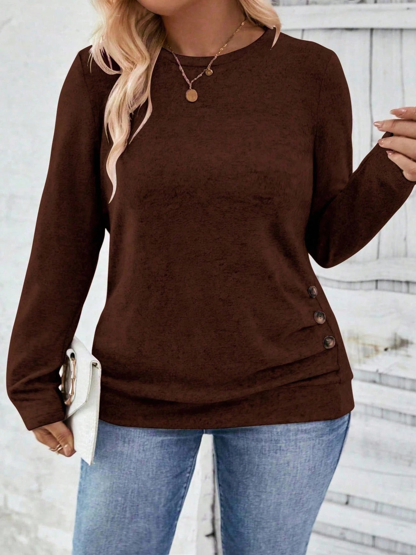 INAWLY Casual Chic Plus Size Round Neck Button Hem T-Shirt Fall Cloth For Women