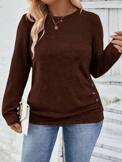 INAWLY Casual Chic Plus Size Round Neck Button Hem T-Shirt Fall Cloth For Women