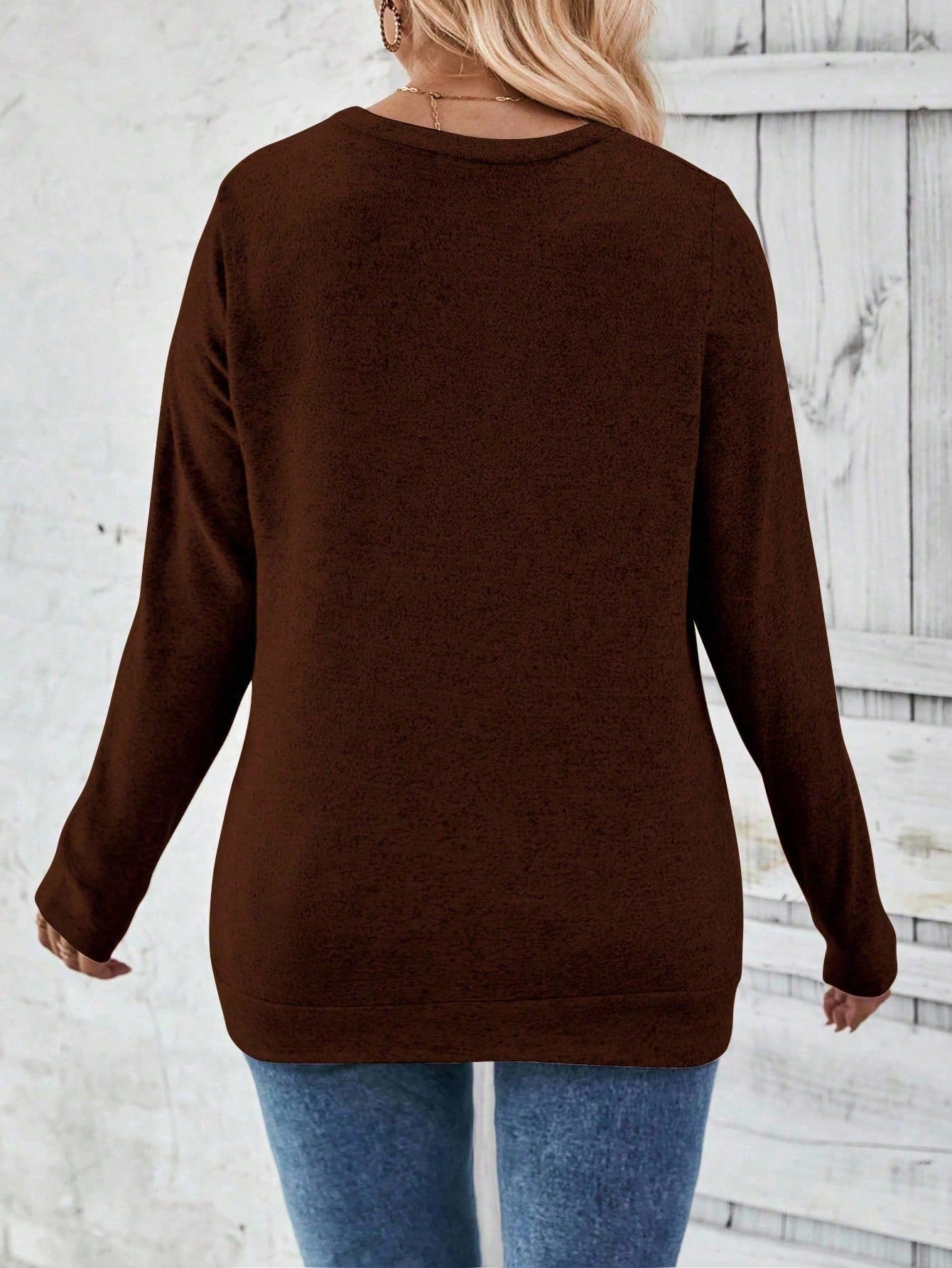 INAWLY Casual Chic Plus Size Round Neck Button Hem T-Shirt Fall Cloth For Women