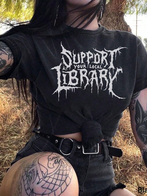 INAWLY Death Metal Graphic T-Shirt,Support Your Local Library Librarian Gift,Gothic Dark Green Summer Bootleg Curve Rave,Dark Academia Plus Size Women Tee