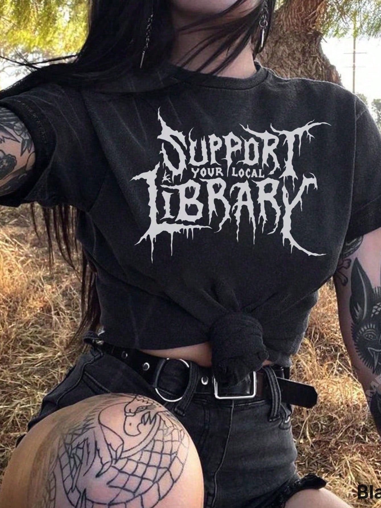 INAWLY Death Metal Graphic T-Shirt,Support Your Local Library Librarian Gift,Gothic Dark Green Summer Bootleg Curve Rave,Dark Academia Plus Size Women Tee