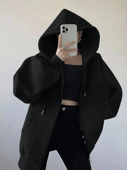 INAWLY Plus Size Women Loose Casual Hooded Zip-Up Cardigan Fall