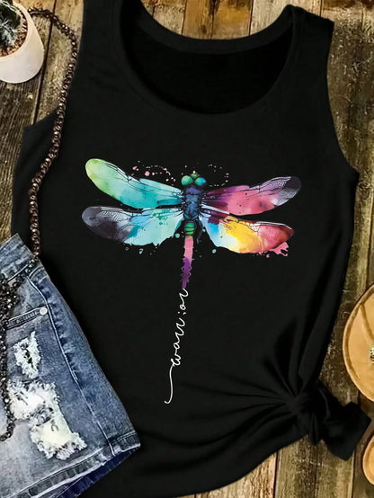 INAWLY Plus Size Women's Colorful Dragonfly Print Casual Tank Top Graphic Tees Women Tops