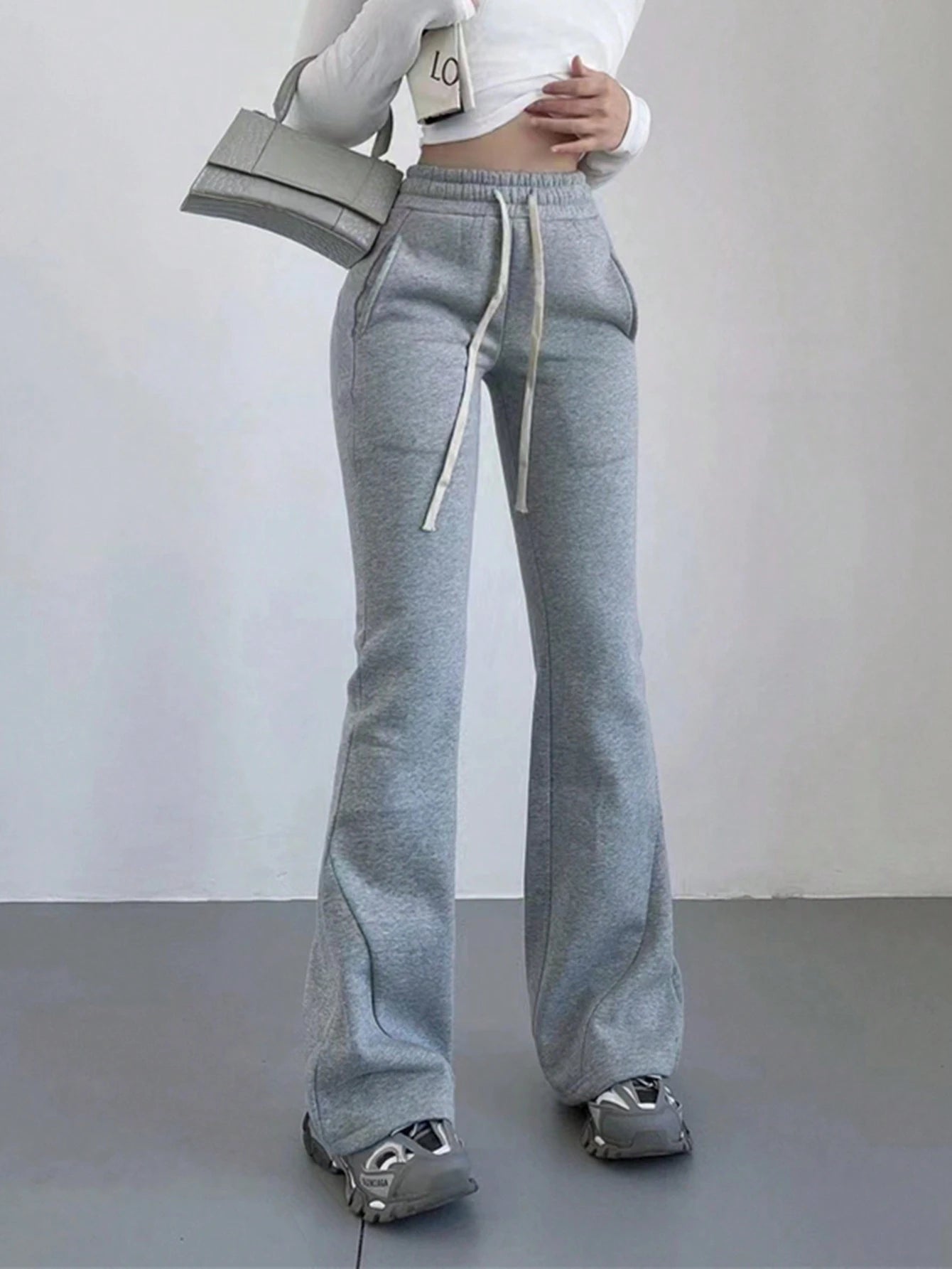 INAWLY Solva Women's Gray Solid Color Drawstring Pocket Casual Lounge Straight Sweatpants,Winter Fall Cloth,Back To School Teacher Graduation Outfits For Women