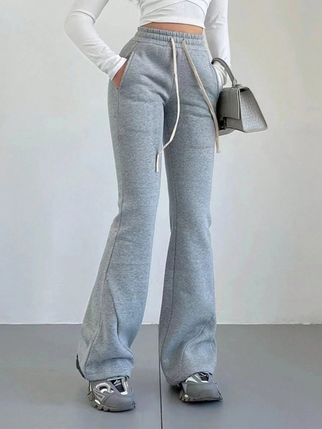 INAWLY Solva Women's Gray Solid Color Drawstring Pocket Casual Lounge Straight Sweatpants,Winter Fall Cloth,Back To School Teacher Graduation Outfits For Women