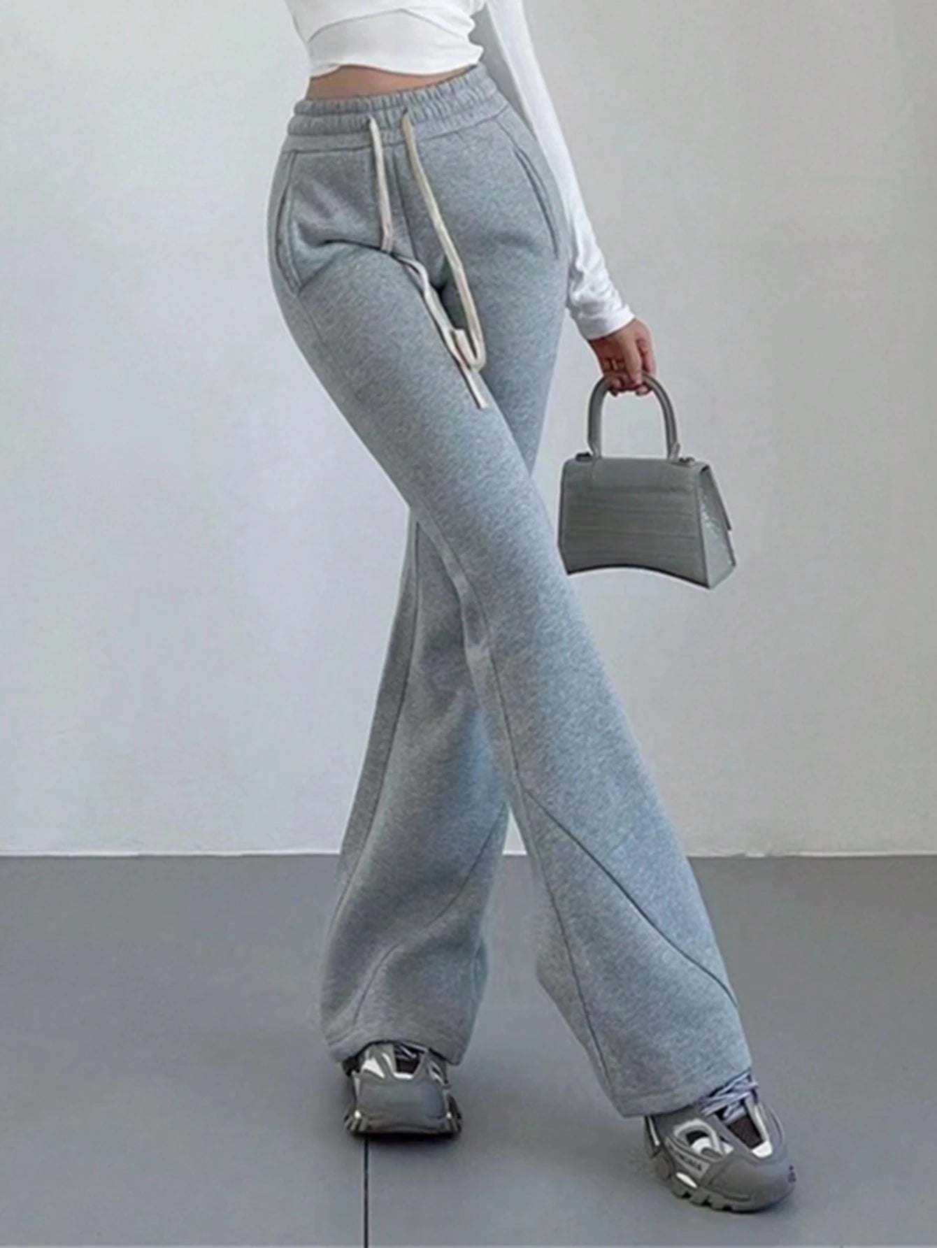 INAWLY Solva Women's Gray Solid Color Drawstring Pocket Casual Lounge Straight Sweatpants,Winter Fall Cloth,Back To School Teacher Graduation Outfits For Women