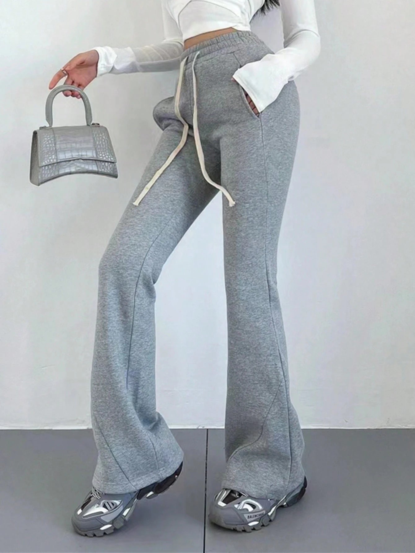 INAWLY Solva Women's Gray Solid Color Drawstring Pocket Casual Lounge Straight Sweatpants,Winter Fall Cloth,Back To School Teacher Graduation Outfits For Women