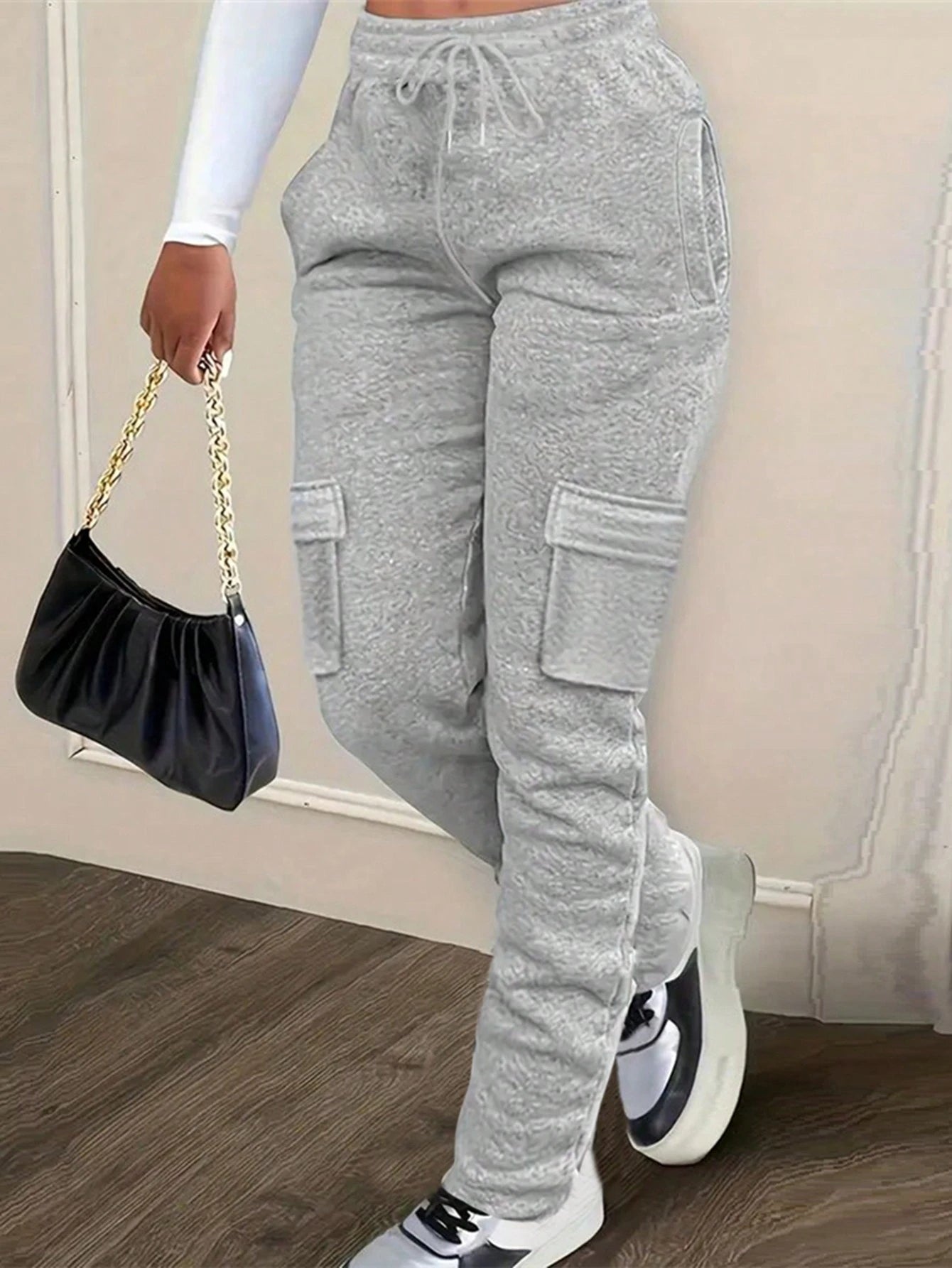 INAWLY Solva Women's Gray Solid Color Drawstring Pocket Casual Lounge Straight Sweatpants,Winter Fall Cloth,Back To School Teacher Graduation Outfits For Women