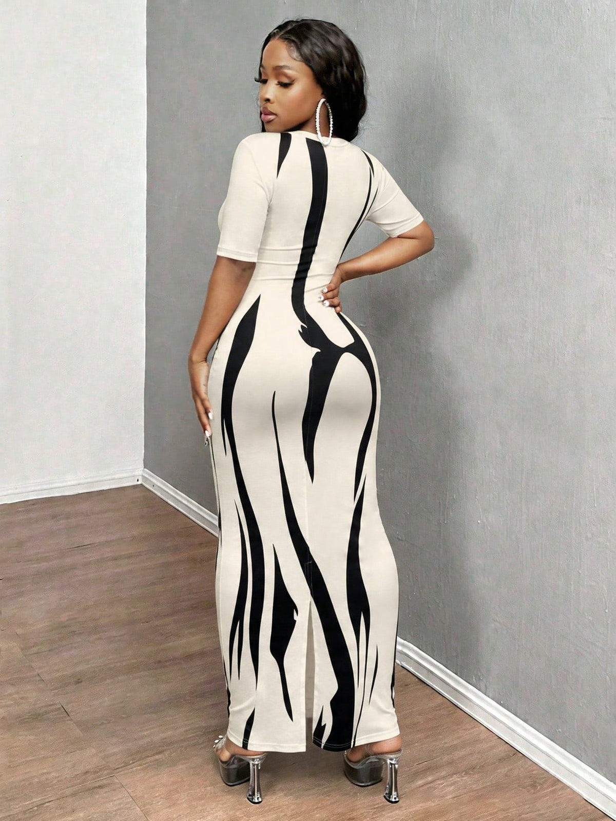 INAWLY Solva Women's Sexy Casual Fitted Floral Print Long Dress, Summer Vacation Black And White Club Night