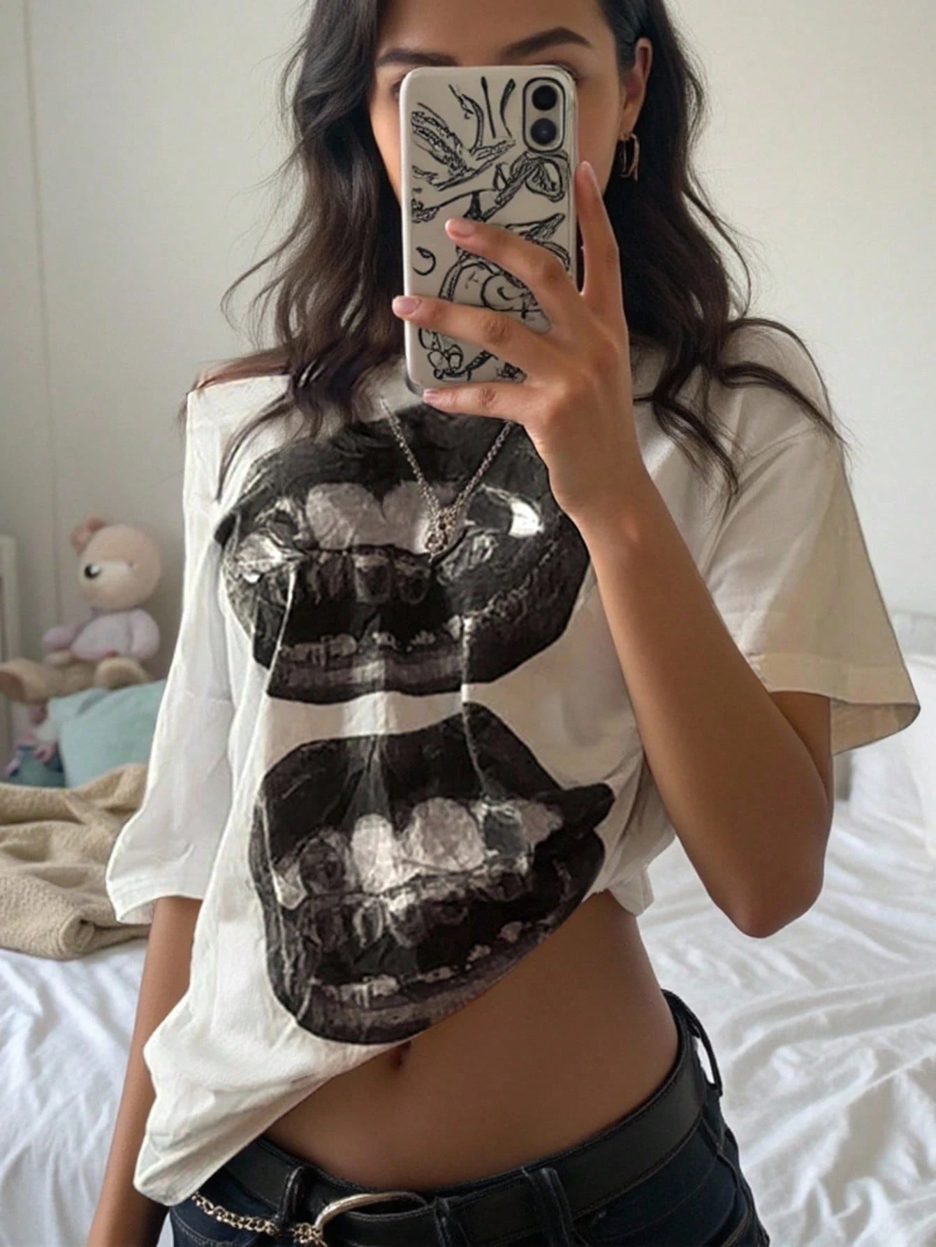 INAWLY Women Asymmetric Collar Lip Print Casual Loose Short Sleeve T-Shirt