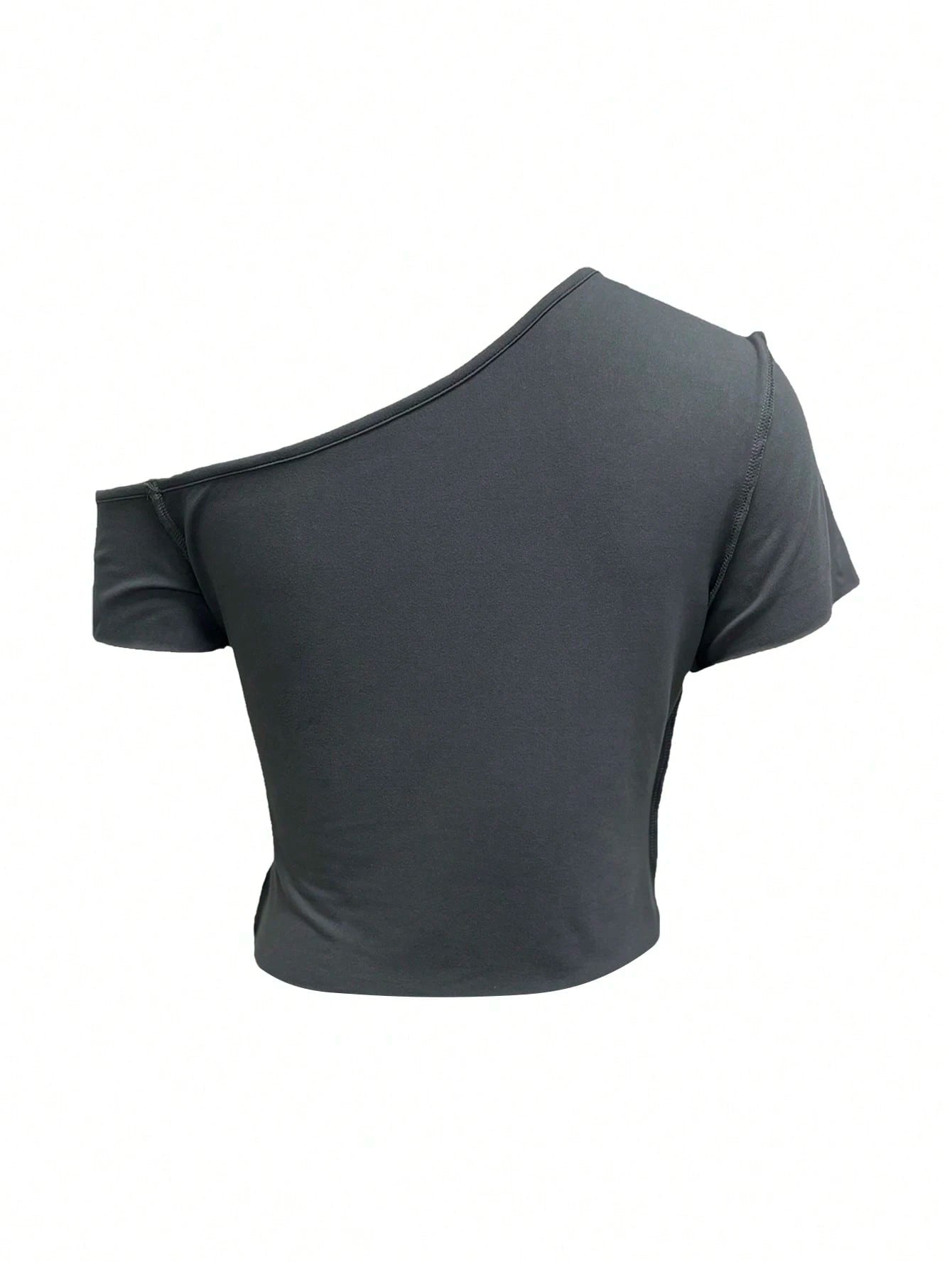 INAWLY Women's Deep Grey Asymmetric Off Shoulder Short Sleeve Simple Casual T-Shirt