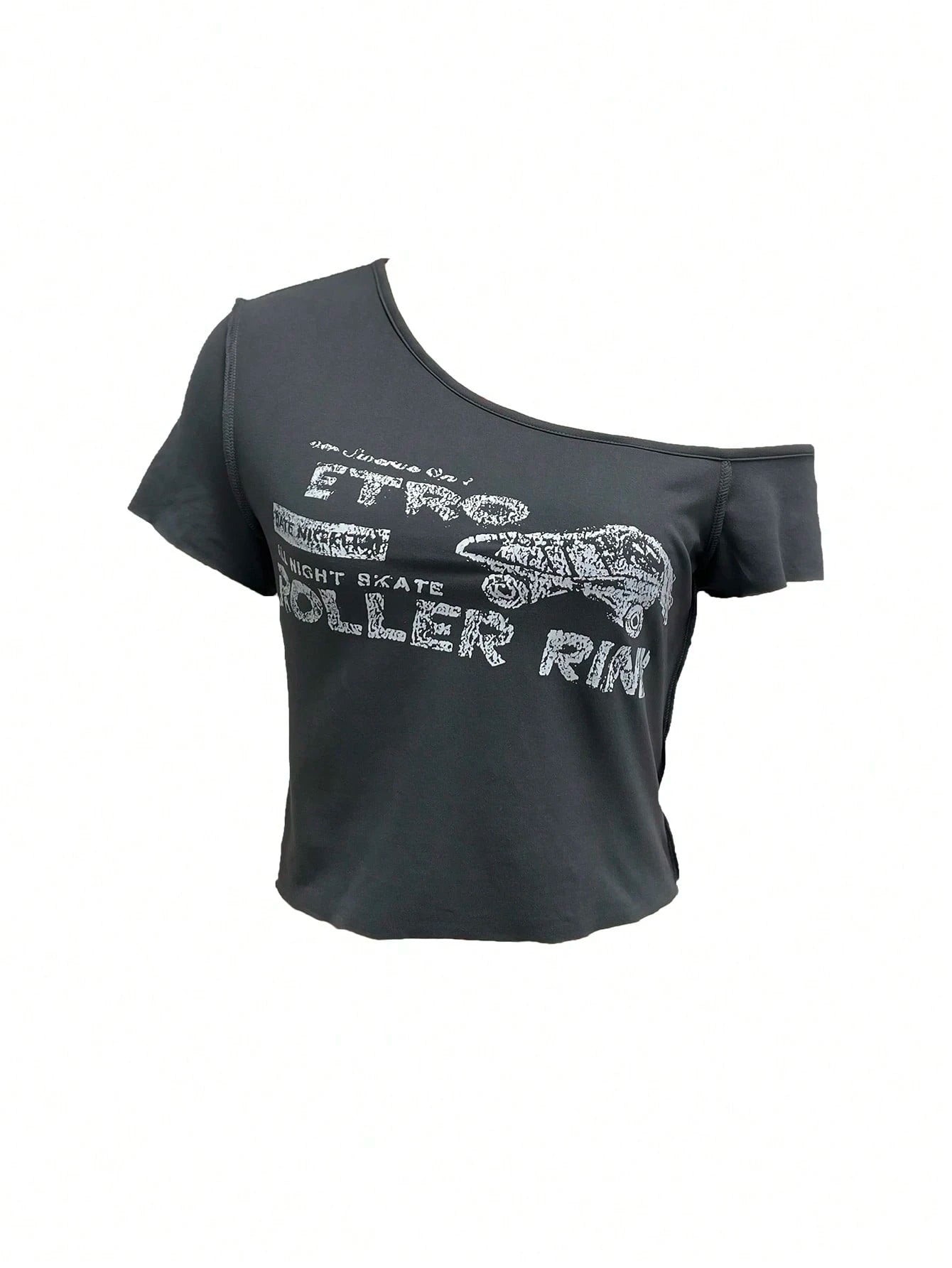 INAWLY Women's Deep Grey Asymmetric Off Shoulder Short Sleeve Simple Casual T-Shirt