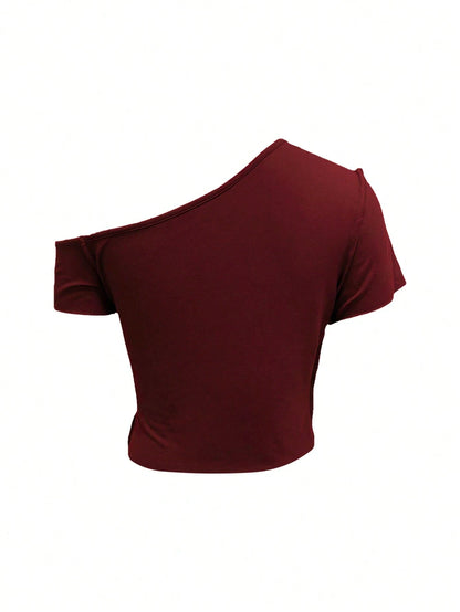 INAWLY Women's Deep Grey Asymmetric Off Shoulder Short Sleeve Simple Casual T-Shirt