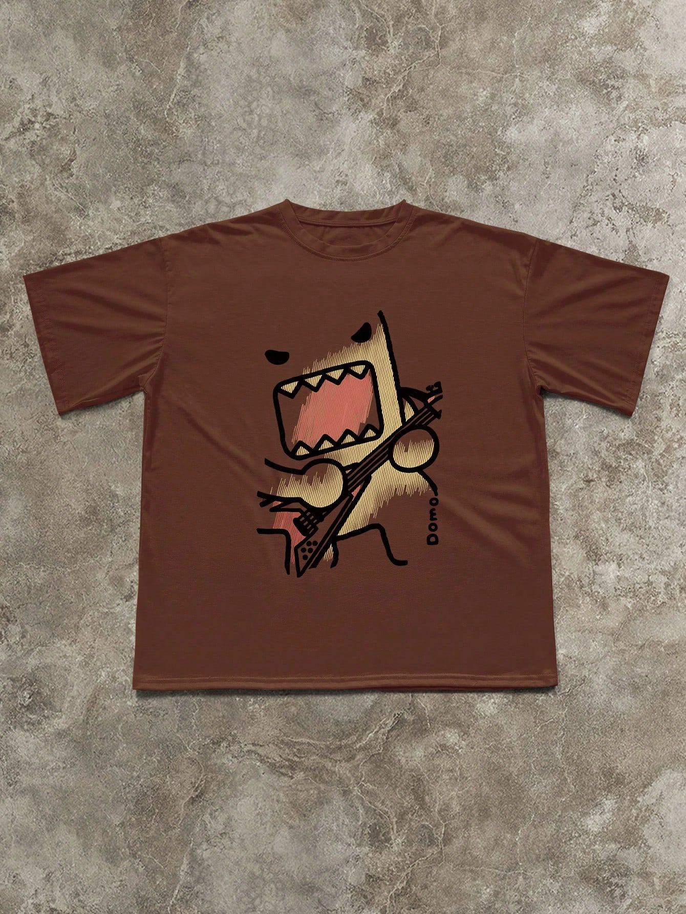 INAWLY Women's Oversized Coffee Brown Round Neck T-Shirt, Rock Guitar & Cartoon Print Graphic Tee, Casual Pullover For Spring/Summer/Autumn