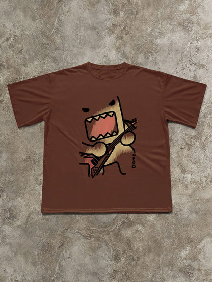 INAWLY Women's Oversized Coffee Brown Round Neck T-Shirt, Rock Guitar & Cartoon Print Graphic Tee, Casual Pullover For Spring/Summer/Autumn