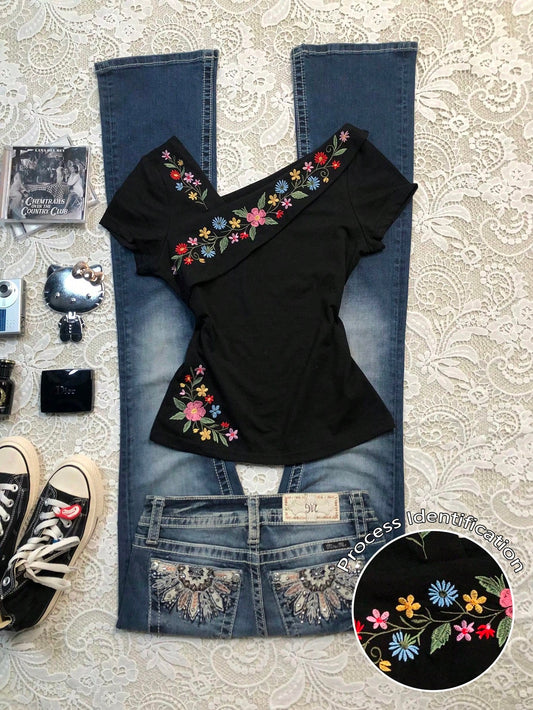 INAWLY Women's Plus Size Vintage Colorful Floral Print Asymmetric Neckline Short Sleeve T-Shirt, Slim Fit Waist, Flattering Black Top