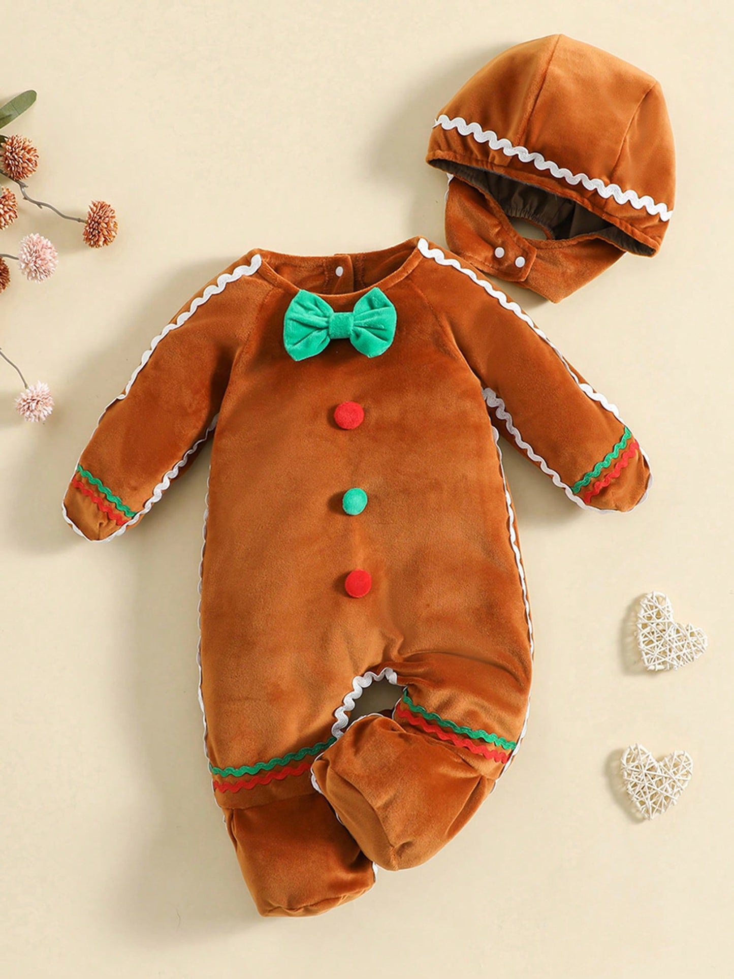 Infant Baby Girl Boy Fuzzy Jumpsuit Cute Gingerbread Man Bow Tie Hooded Romper Fall Winter My First Christmas Outfit