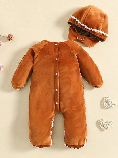 Infant Baby Girl Boy Fuzzy Jumpsuit Cute Gingerbread Man Bow Tie Hooded Romper Fall Winter My First Christmas Outfit