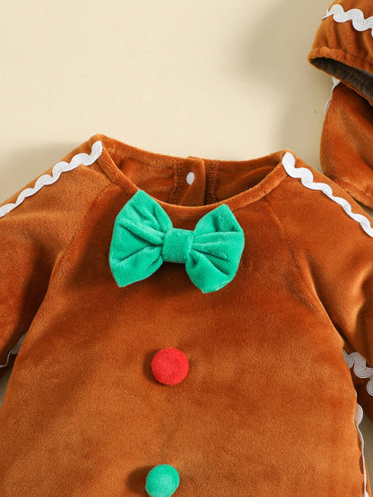 Infant Baby Girl Boy Fuzzy Jumpsuit Cute Gingerbread Man Bow Tie Hooded Romper Fall Winter My First Christmas Outfit