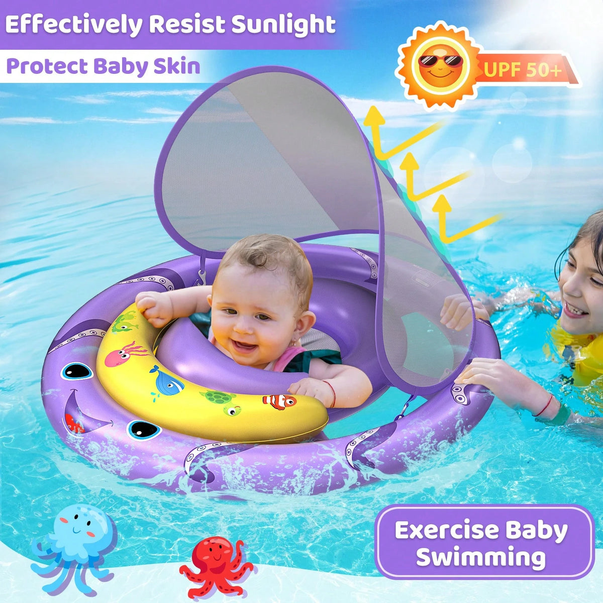 Inflatable Baby Pool Float With UPF50+ Canopy, Play Console & Adjustable Safety Seat For Infants 6-36 Months