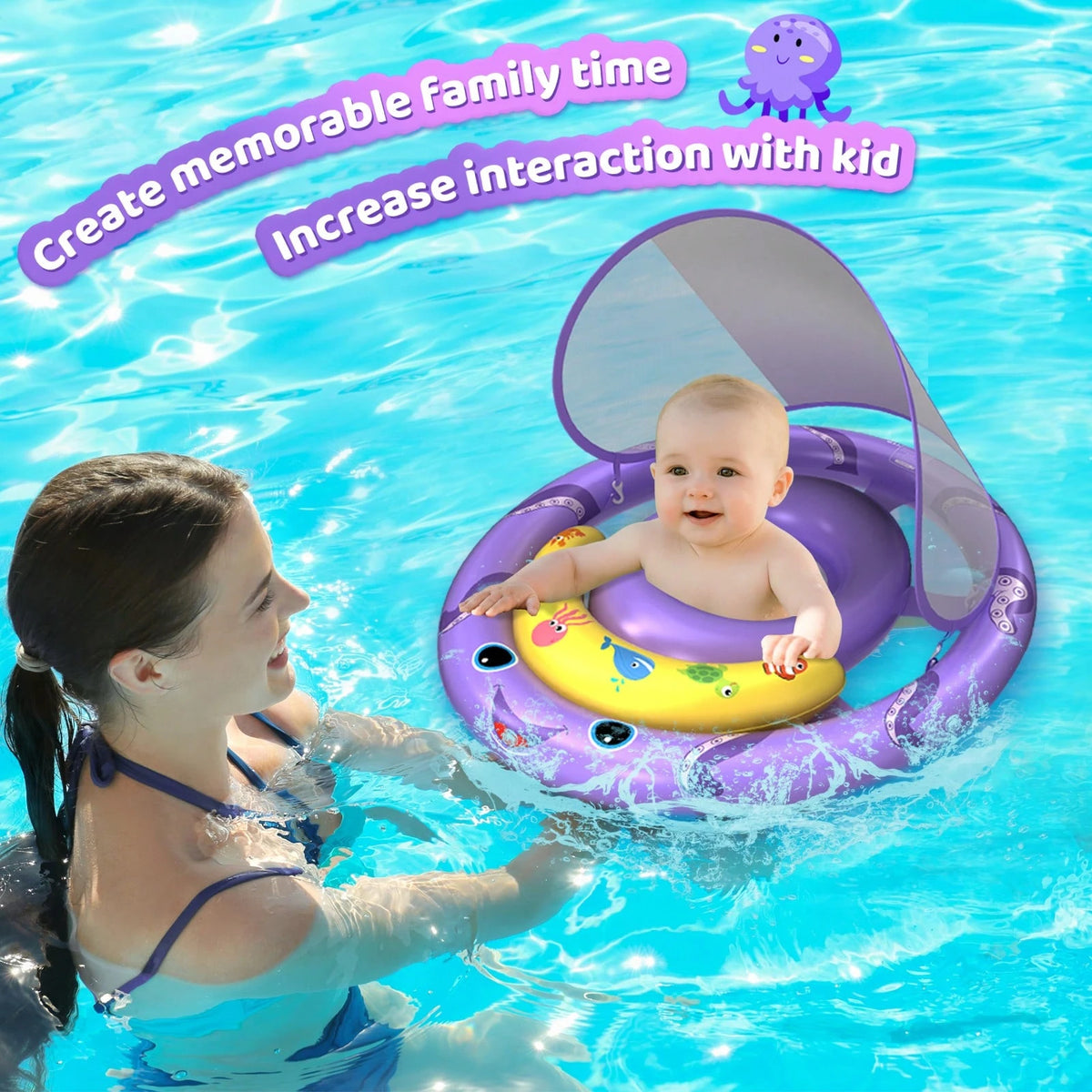 Inflatable Baby Pool Float With UPF50+ Canopy, Play Console & Adjustable Safety Seat For Infants 6-36 Months