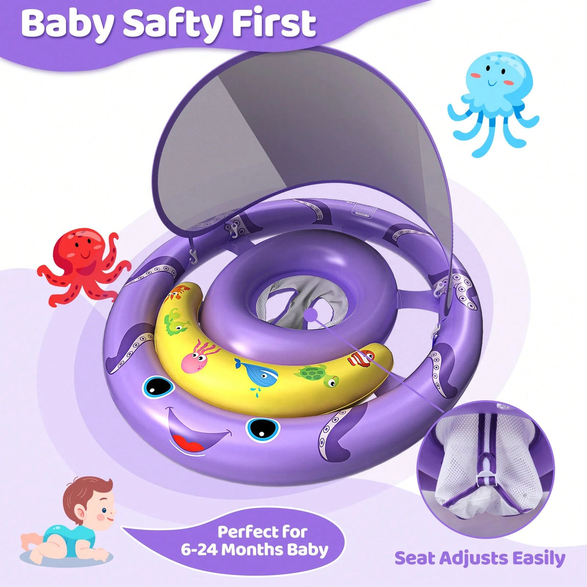 Inflatable Baby Pool Float With UPF50+ Canopy, Play Console & Adjustable Safety Seat For Infants 6-36 Months