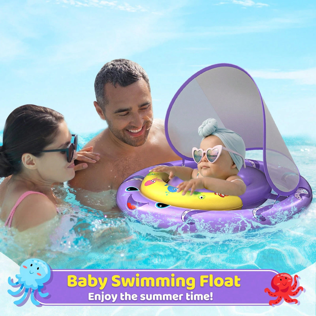 Inflatable Baby Pool Float With UPF50+ Canopy, Play Console & Adjustable Safety Seat For Infants 6-36 Months