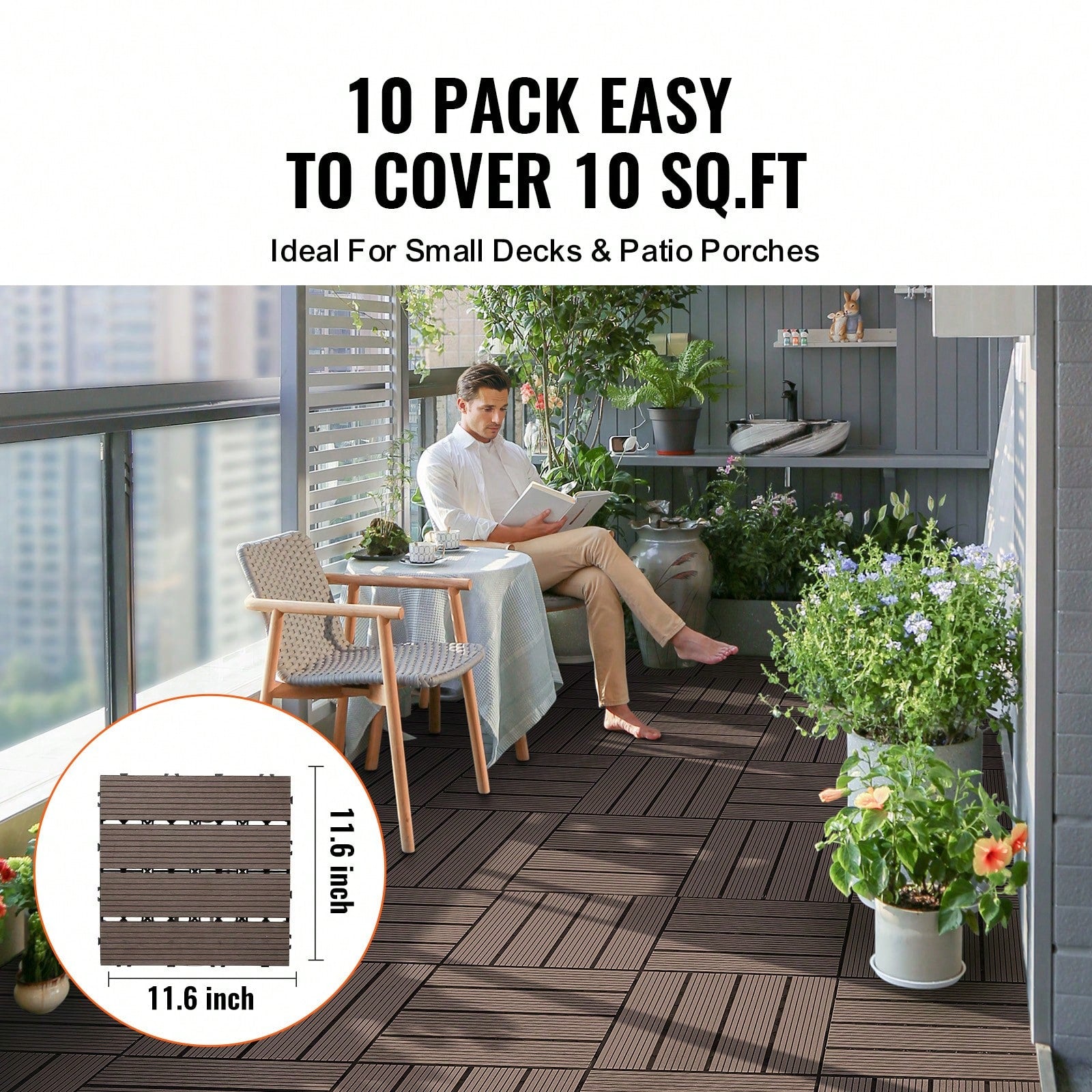 Interlocking Deck Tiles Plastic Wood, 10 Pack,12"X12" 10 Sq. Ft Waterproof Outdoor Flooring All Weather Use, Patio Floor Decking Covering Tiles For Porch Poolside Balcony Backyard, Dark Brown