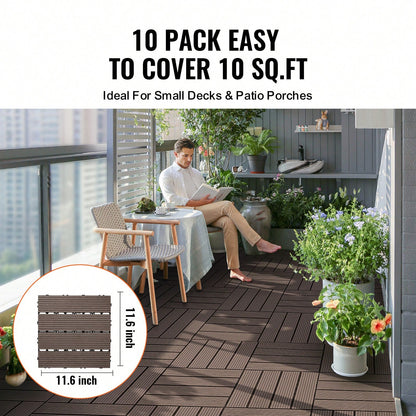 Interlocking Deck Tiles Plastic Wood, 10 Pack,12"X12" 10 Sq. Ft Waterproof Outdoor Flooring All Weather Use, Patio Floor Decking Covering Tiles For Porch Poolside Balcony Backyard, Dark Brown