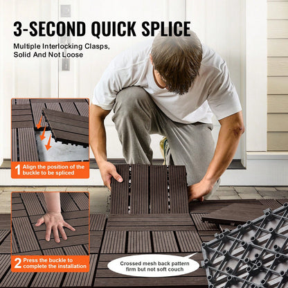 Interlocking Deck Tiles Plastic Wood, 10 Pack,12"X12" 10 Sq. Ft Waterproof Outdoor Flooring All Weather Use, Patio Floor Decking Covering Tiles For Porch Poolside Balcony Backyard, Dark Brown