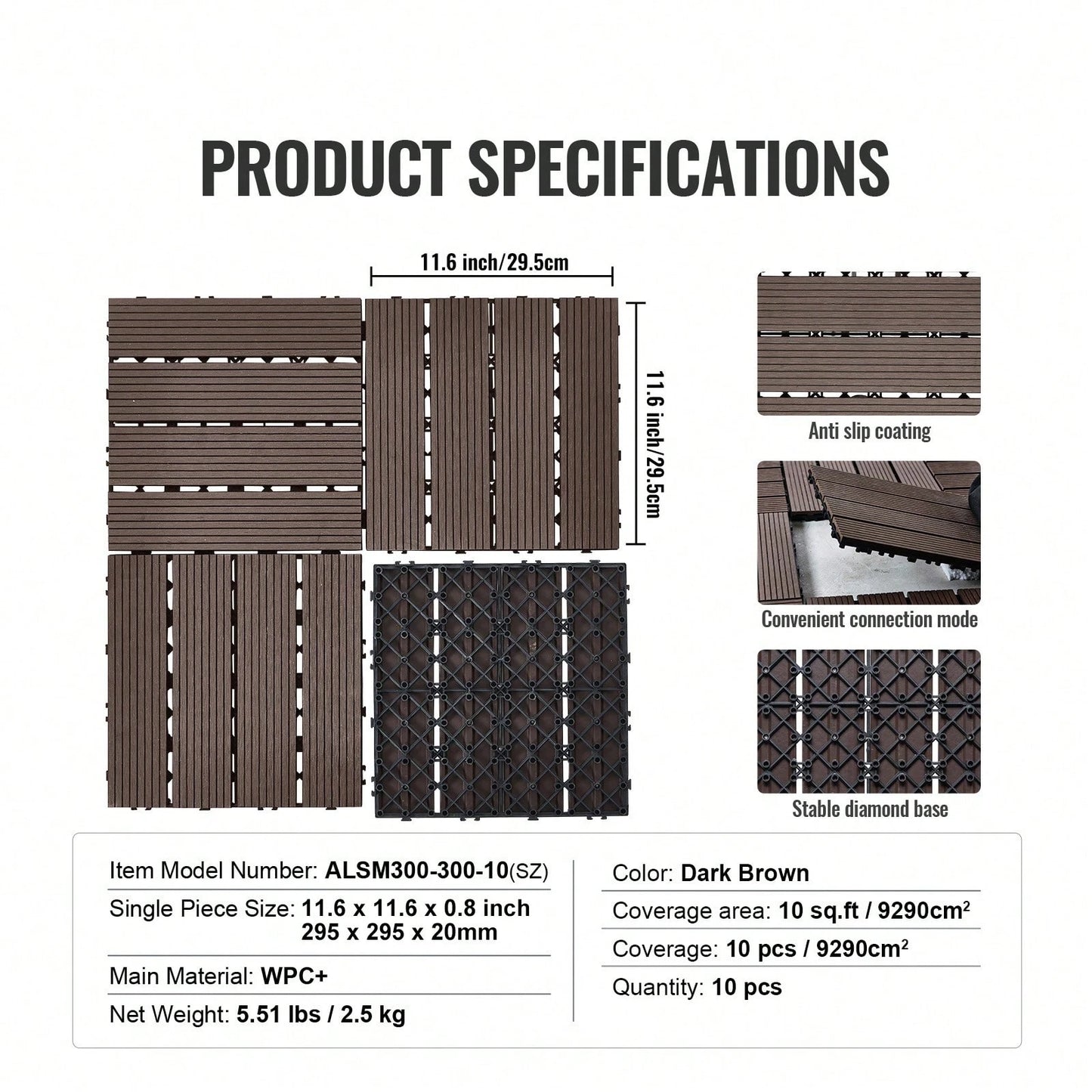 Interlocking Deck Tiles Plastic Wood, 10 Pack,12"X12" 10 Sq. Ft Waterproof Outdoor Flooring All Weather Use, Patio Floor Decking Covering Tiles For Porch Poolside Balcony Backyard, Dark Brown