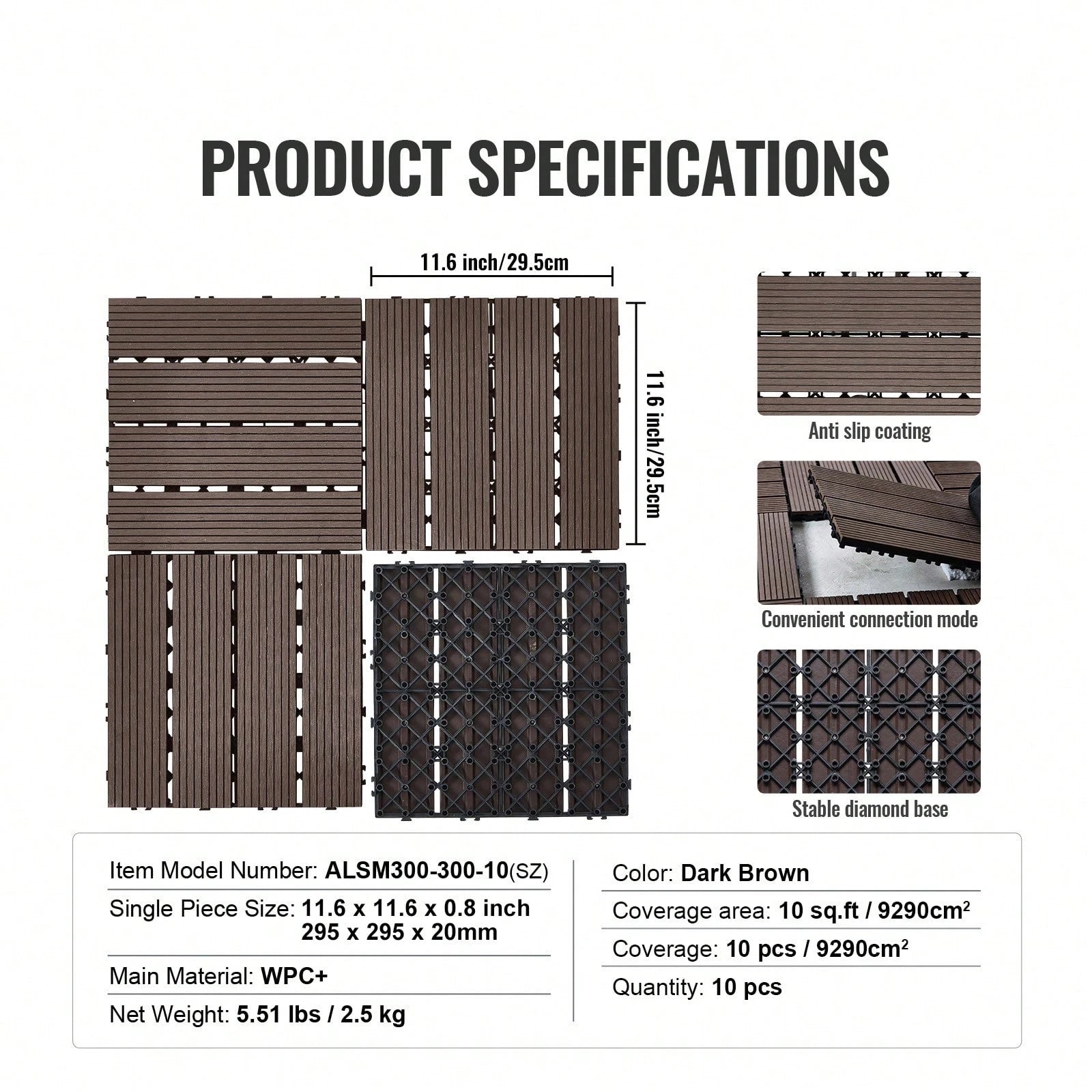 Interlocking Deck Tiles Plastic Wood, 10 Pack,12"X12" 10 Sq. Ft Waterproof Outdoor Flooring All Weather Use, Patio Floor Decking Covering Tiles For Porch Poolside Balcony Backyard, Dark Brown