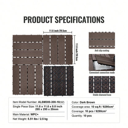 Interlocking Deck Tiles Plastic Wood, 10 Pack,12"X12" 10 Sq. Ft Waterproof Outdoor Flooring All Weather Use, Patio Floor Decking Covering Tiles For Porch Poolside Balcony Backyard, Dark Brown