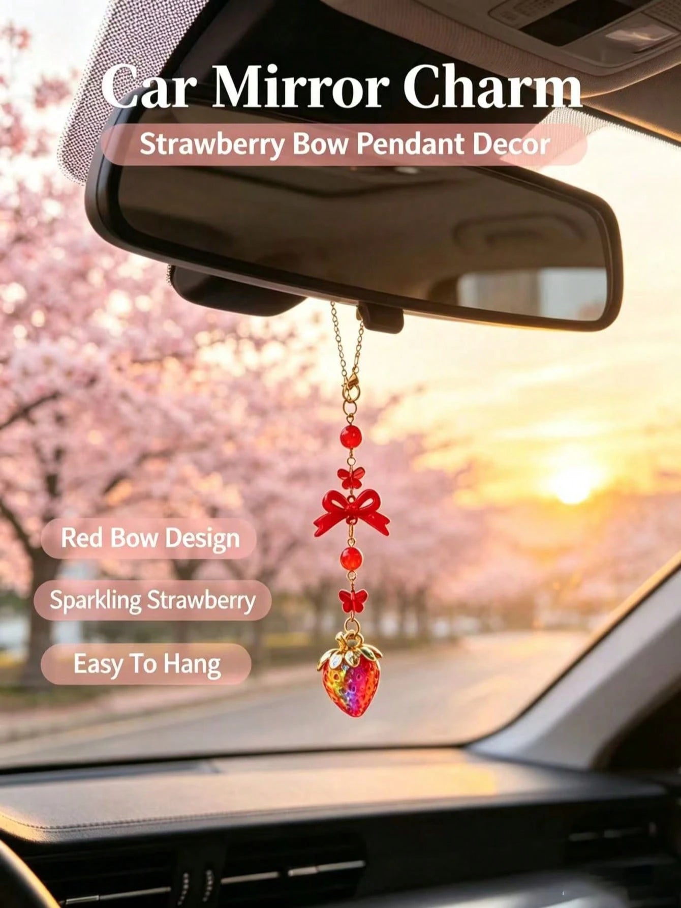 Iridescent Rhinestone Strawberry Car Rearview Mirror Hanging Ornament, Red Bowknot Sweet Girl Style Car Interior Decor, Vintage Red Bow Glass Strawberry Car Hanging Charm, Gold Chain Red Bead Butterfl