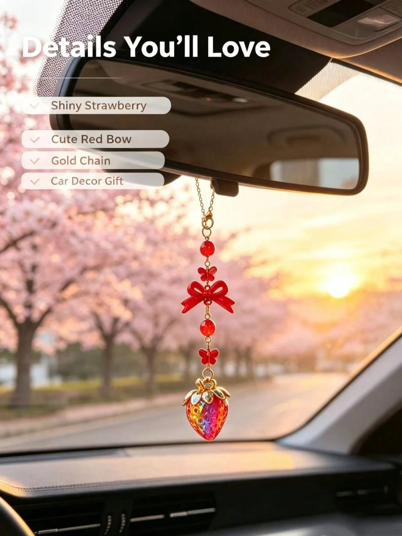 Iridescent Rhinestone Strawberry Car Rearview Mirror Hanging Ornament, Red Bowknot Sweet Girl Style Car Interior Decor, Vintage Red Bow Glass Strawberry Car Hanging Charm, Gold Chain Red Bead Butterfl