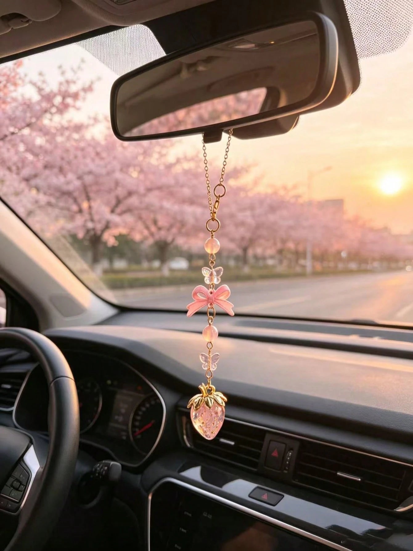 Iridescent Rhinestone Strawberry Car Rearview Mirror Hanging Ornament, Red Bowknot Sweet Girl Style Car Interior Decor, Vintage Red Bow Glass Strawberry Car Hanging Charm, Gold Chain Red Bead Butterfl