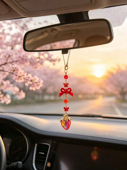 Iridescent Rhinestone Strawberry Car Rearview Mirror Hanging Ornament, Red Bowknot Sweet Girl Style Car Interior Decor, Vintage Red Bow Glass Strawberry Car Hanging Charm, Gold Chain Red Bead Butterfl