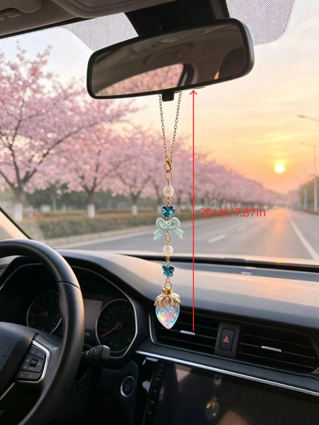 Iridescent Rhinestone Strawberry Car Rearview Mirror Hanging Ornament, Red Bowknot Sweet Girl Style Car Interior Decor, Vintage Red Bow Glass Strawberry Car Hanging Charm, Gold Chain Red Bead Butterfl