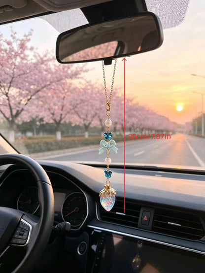 Iridescent Rhinestone Strawberry Car Rearview Mirror Hanging Ornament, Red Bowknot Sweet Girl Style Car Interior Decor, Vintage Red Bow Glass Strawberry Car Hanging Charm, Gold Chain Red Bead Butterfl