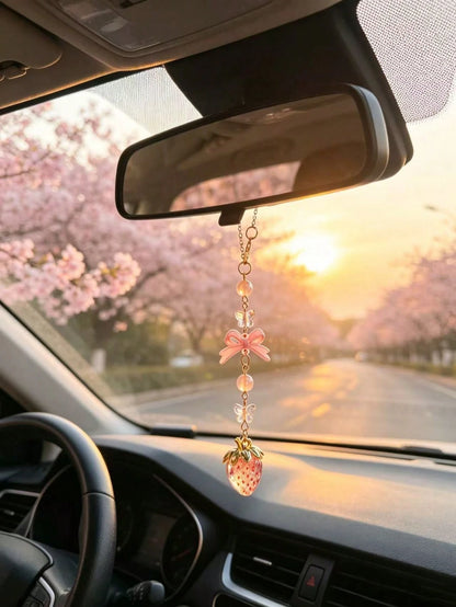 Iridescent Rhinestone Strawberry Car Rearview Mirror Hanging Ornament, Red Bowknot Sweet Girl Style Car Interior Decor, Vintage Red Bow Glass Strawberry Car Hanging Charm, Gold Chain Red Bead Butterfl