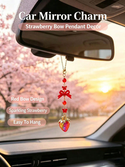 Iridescent Rhinestone Strawberry Car Rearview Mirror Hanging Ornament, Red Bowknot Sweet Girl Style Car Interior Decor, Vintage Red Bow Glass Strawberry Car Hanging Charm, Gold Chain Red Bead Butterfl