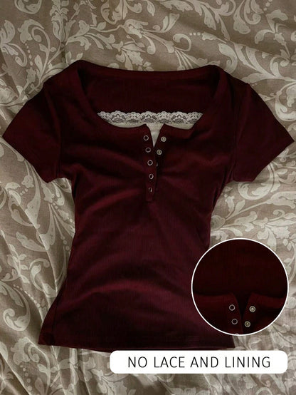 IslaSuriya Glimmora Y2KStyle Women's Casual Commuting Press Buttoned Short Sleeve Fitted T-Shirt, Summer