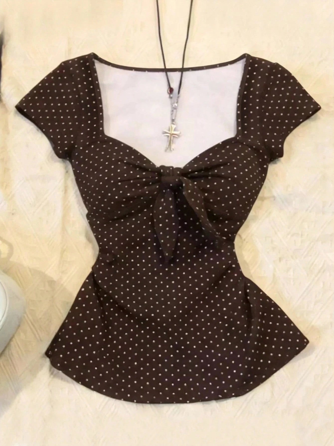 IslaSuriya Plus Size Women Polka Dot Print Front Knot Short Sleeve T-Shirt