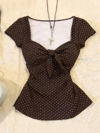 IslaSuriya Plus Size Women Polka Dot Print Front Knot Short Sleeve T-Shirt
