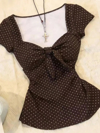 IslaSuriya Plus Size Women Polka Dot Print Front Knot Short Sleeve T-Shirt