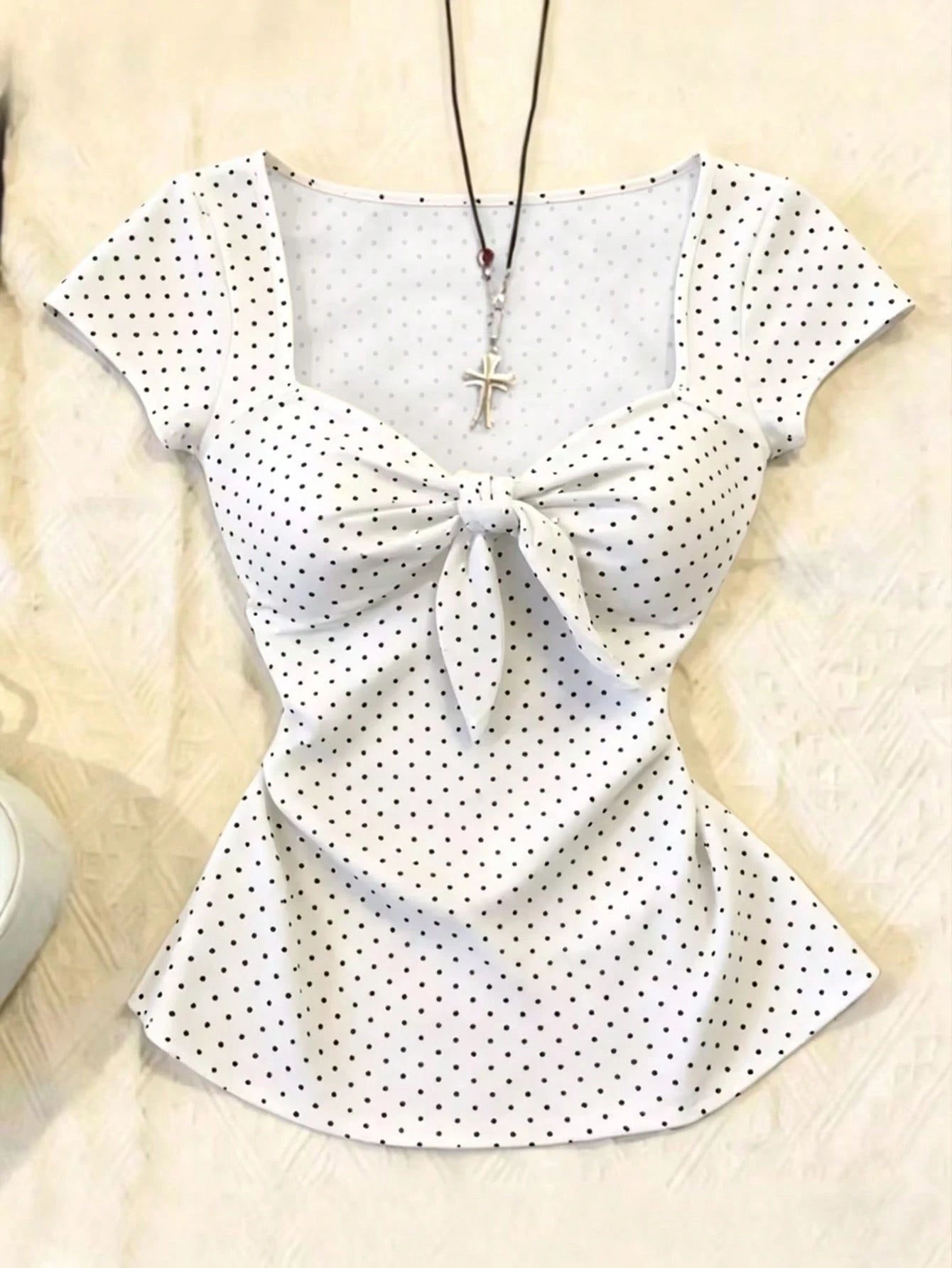IslaSuriya Plus Size Women Polka Dot Print Front Knot Short Sleeve T-Shirt